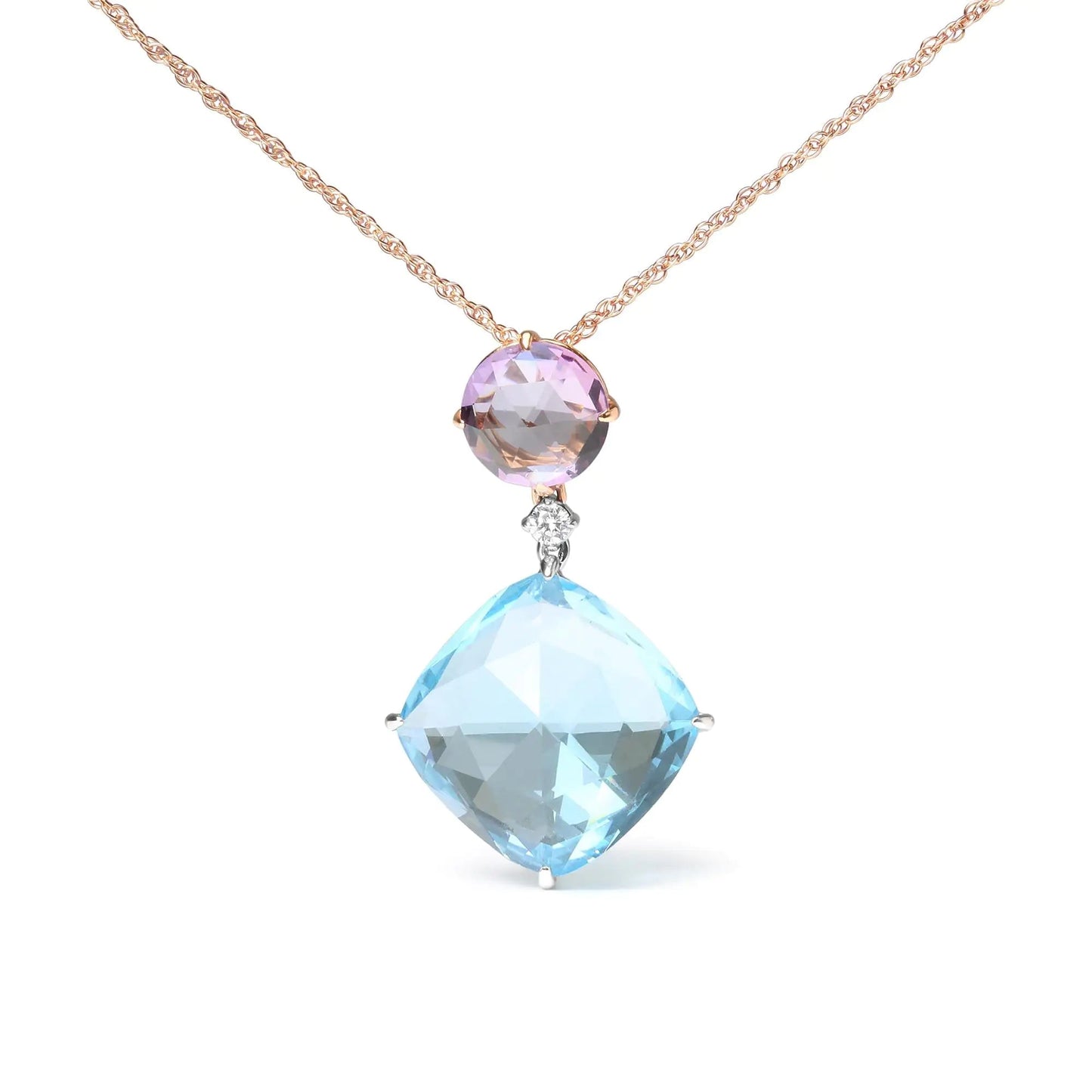 18K White and Rose Gold Round Diamond Accent and Round Rose De France Pink Amethyst and Cushion Cut Sky Blue Topaz Dangle Drop 18" Pendant Necklace (G-H Color, SI1-SI2 Clarity) WEM Support (www.WEM.support)