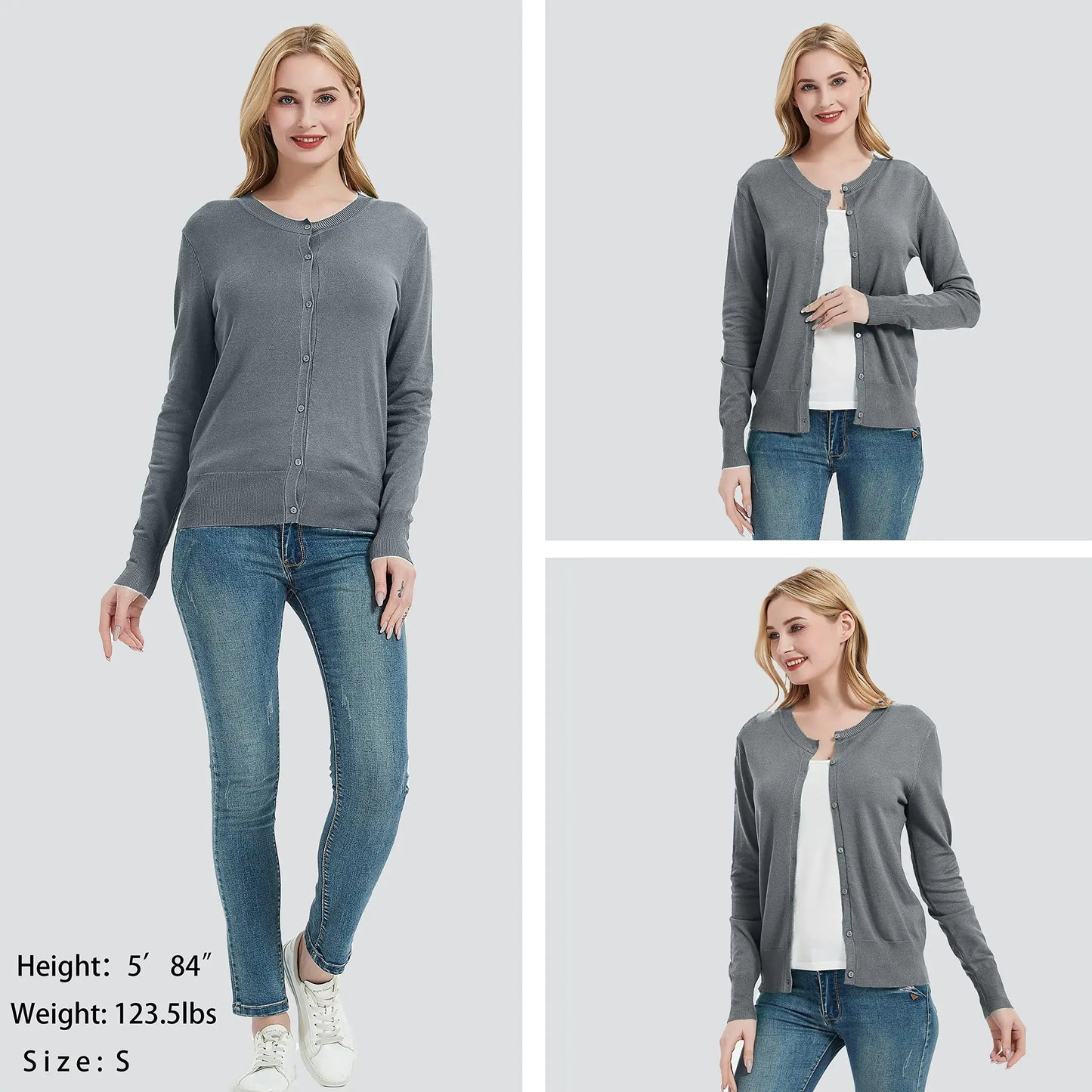 Women's Crew Neck Button Down Long Sleeve Cardigan Sweater Silver Grey XX-Large My Store