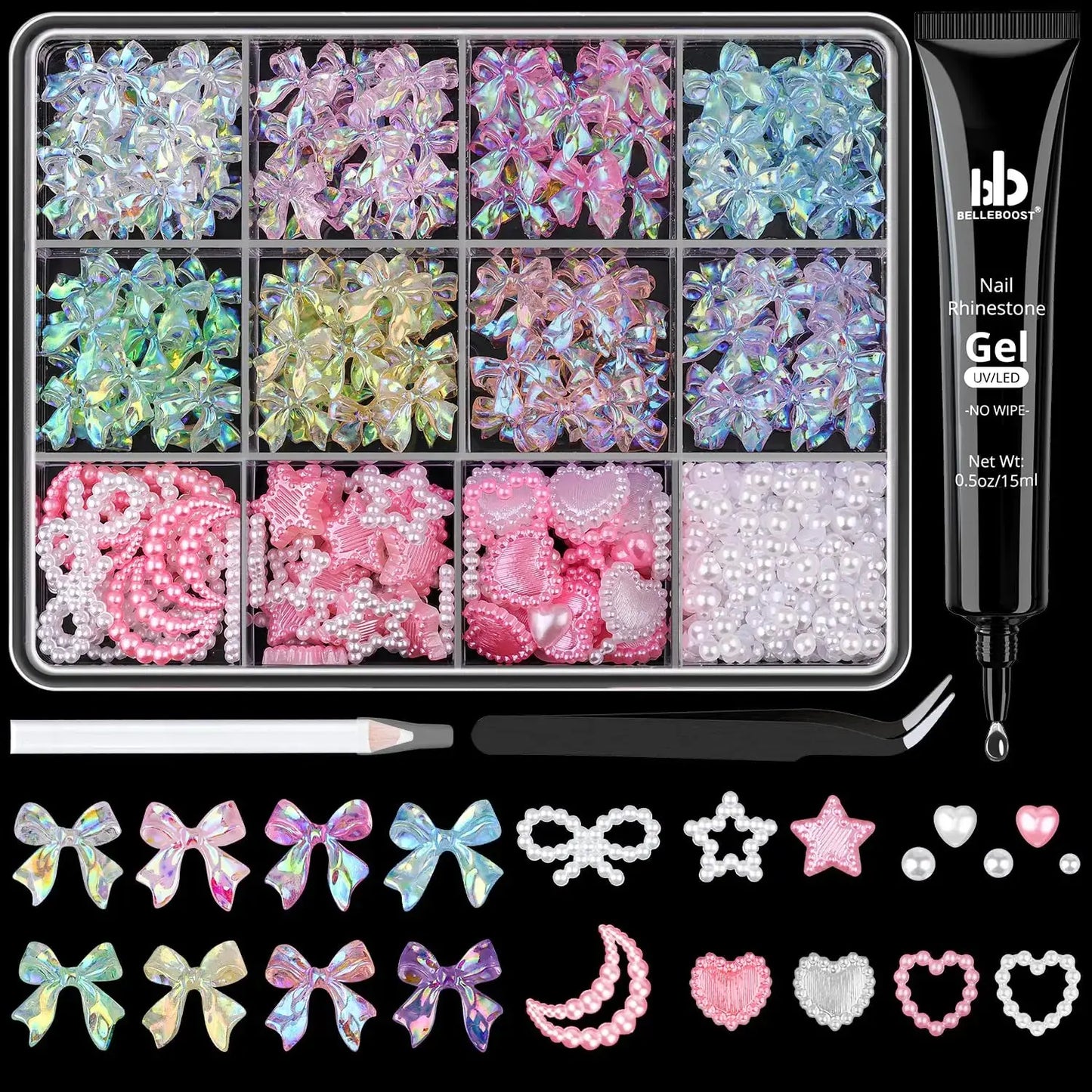 600 Pcs 3D Nail Charms and Flatback Pearls #10, 6 Colors Bow + Pink&White Star Heart Moon Cute Charms + 2-6mm White Pearls for Nail Art Design with Nail Charm Glue(UV Needed) and Pickup Tools Set 11- 8 Colors with Glue 3D Nail Art Set My Store
