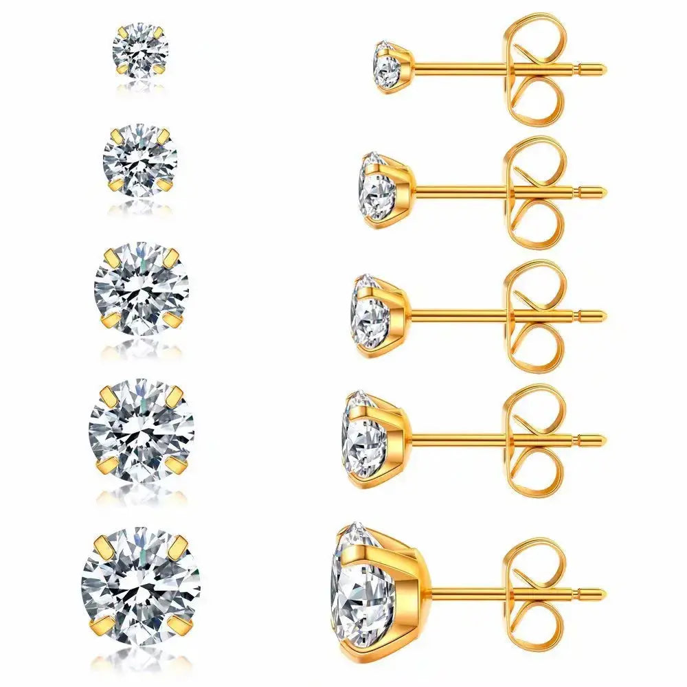 5 Pairs Stud Earrings Set, Hypoallergenic Cubic Zirconia 316L Earrings Stainless Steel CZ Earrings 3-8mm (Steel color) A-002-gold My Store