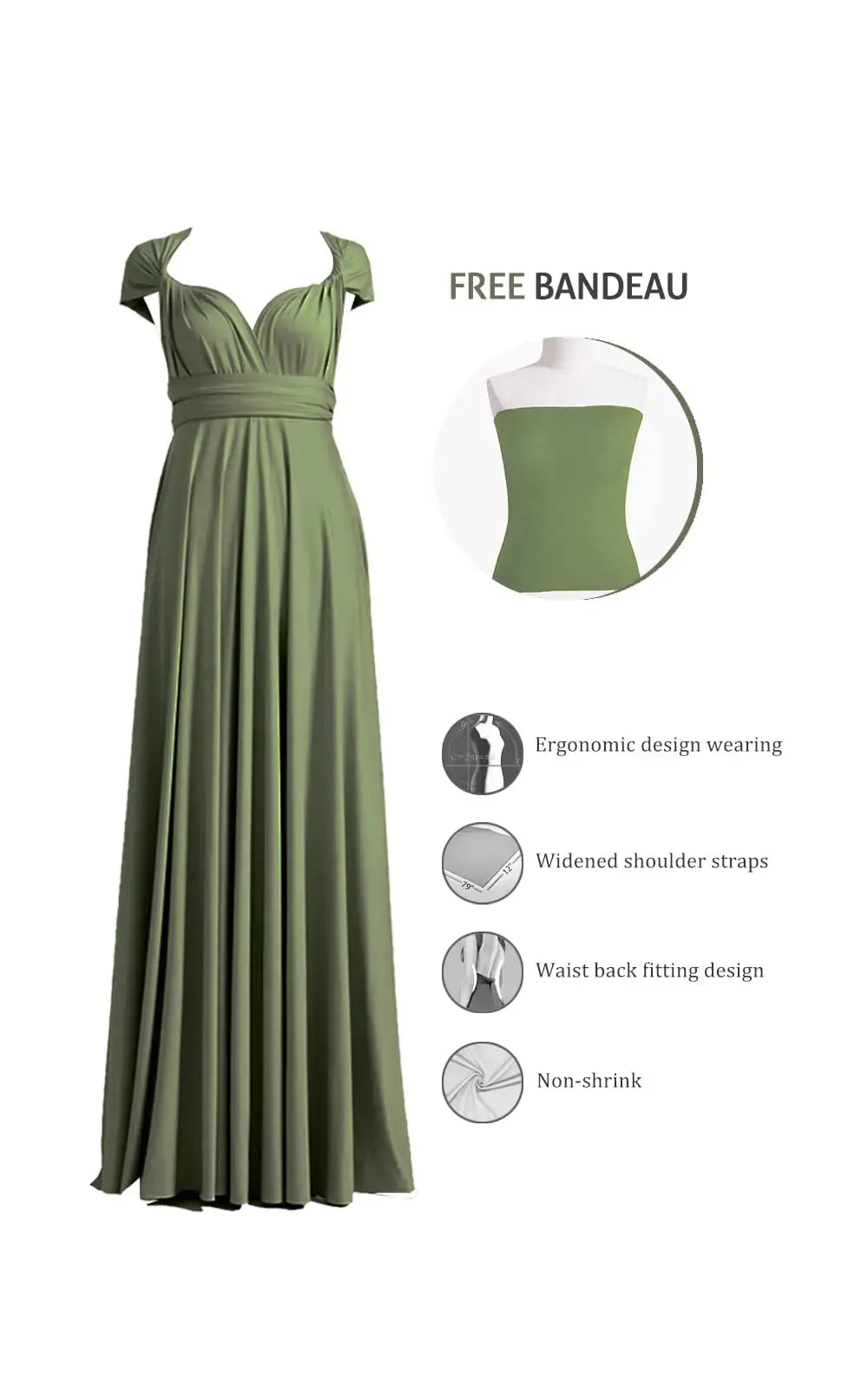 72styles Infinity Dress with Bandeau, Convertible Bridesmaid Dress, Long, Plus Size, Multi-Way Dress, Twist Wrap Dress One Size Plus Olive Green My Store