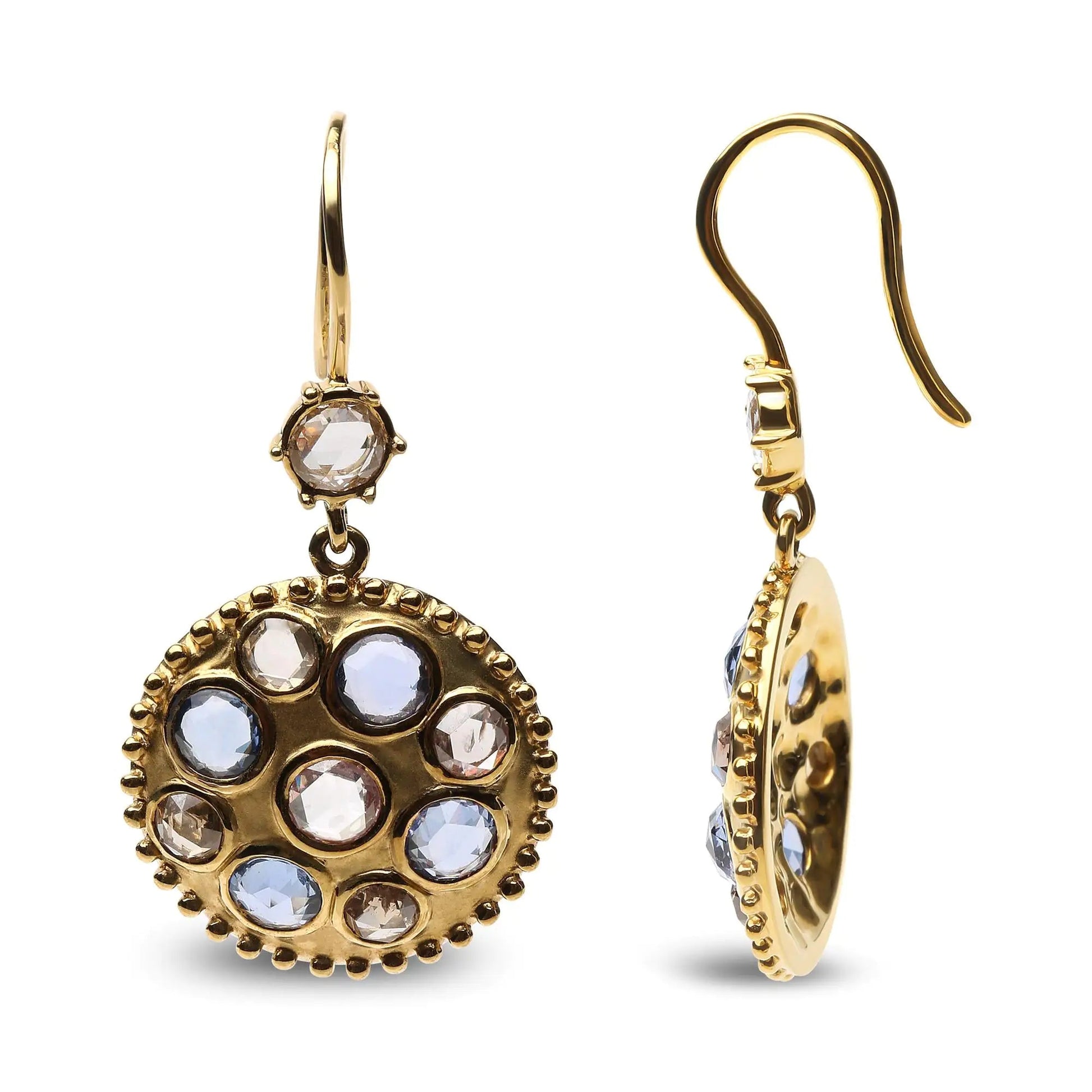 18K Yellow Gold 1 2/3 Cttw Diamond and Blue Sapphire Bezel Set Gemstone Cluster Medallion Dangle Earrings (Brown and G-H Color, SI1-SI2 Clarity) WEM Support (www.WEM.support)