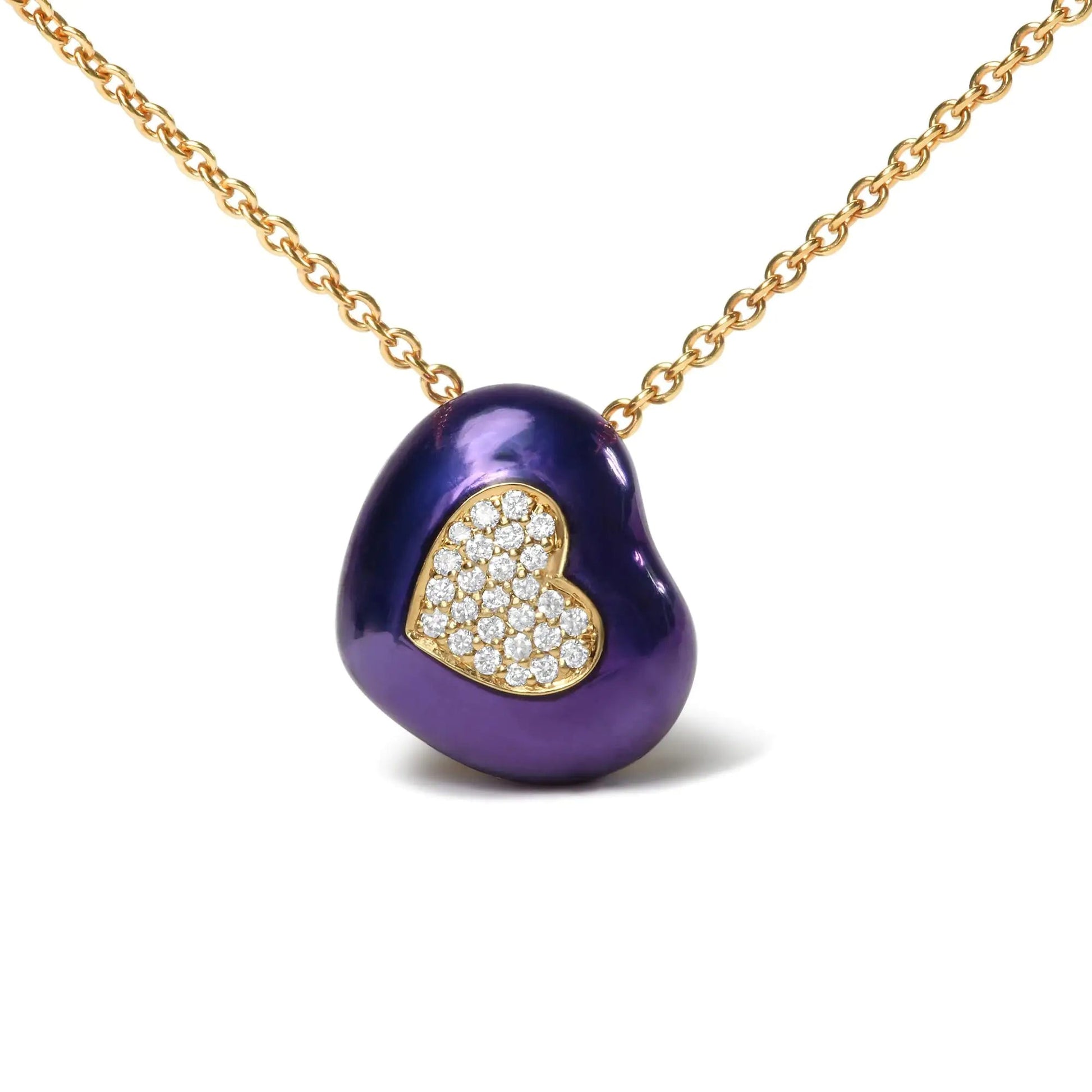 18K Yellow Gold Blue Enamel 1/10 Cttw Round Pave Diamonds Heart Shape 18" Pendant Necklace  (G-H Color, SI1-SI2 Clarity) - Adjustable up to 16" - 18" WEM Support (www.WEM.support)