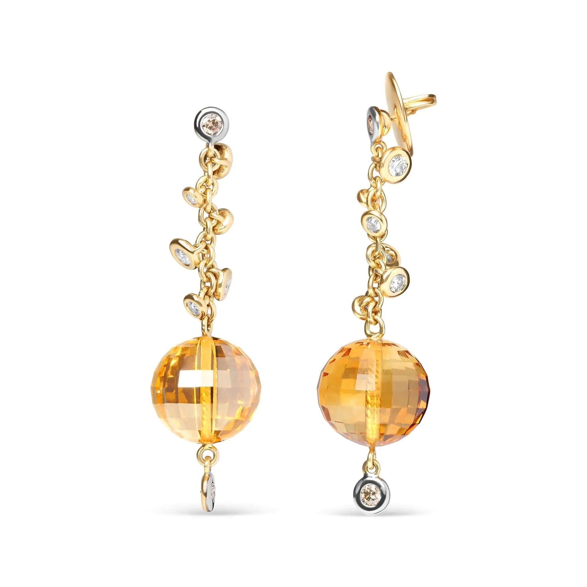 18K Yellow Gold 2/3 Cttw Round Bezel Diamond and 25mm Ball Shaped Yellow Citrine Gemstone Dangle Stud Earring (Brown and G-H Color, SI1-SI2 Clarity) WEM Support (www.WEM.support)