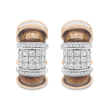 18K White and Rose Gold Flash Plated .925 Sterling Silver Clear Brown Enamel 1/6 Cttw Round Diamond Huggie Hoop Earrings (F-G Color, VS1-VS2 Clarity) WEM Support (www.WEM.support)