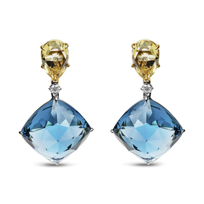 18K White and Yellow Gold 1/5 Cttw Diamond with Pear Cut Lemon Quartz, and Cushion Cut London Blue Topaz Gemstone Dangle Earring (G-H Color, SI1-SI2 Clarity) WEM Support (www.WEM.support)