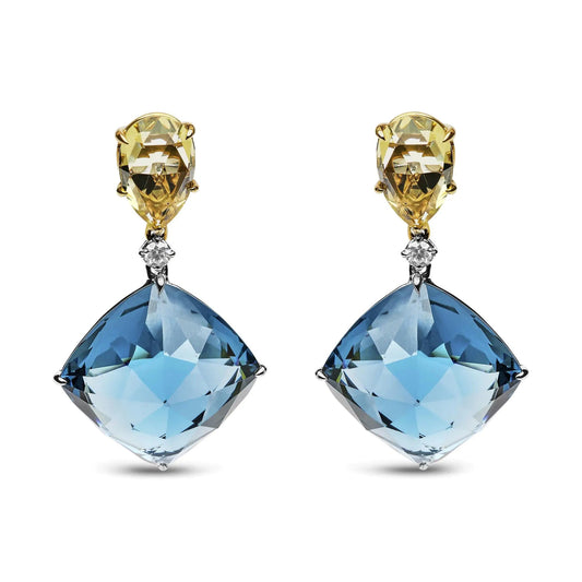 18K White and Yellow Gold 1/5 Cttw Diamond with Pear Cut Lemon Quartz, and Cushion Cut London Blue Topaz Gemstone Dangle Earring (G-H Color, SI1-SI2 Clarity) WEM Support (www.WEM.support)