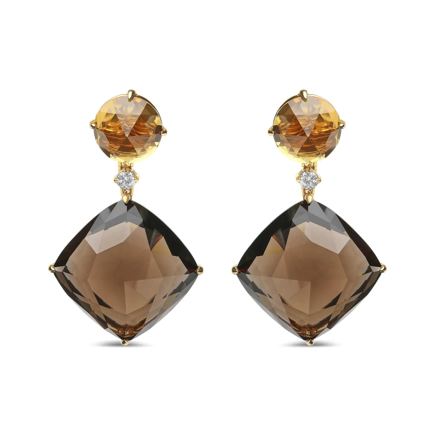 18K Yellow Gold 1/5 Cttw Diamond with Round Yellow Citrine and 25mm Cushion Cut Smoky Quartz Gemstone Dangle Earring (G-H Color, SI1-SI2 Clarity) WEM Support (www.WEM.support)