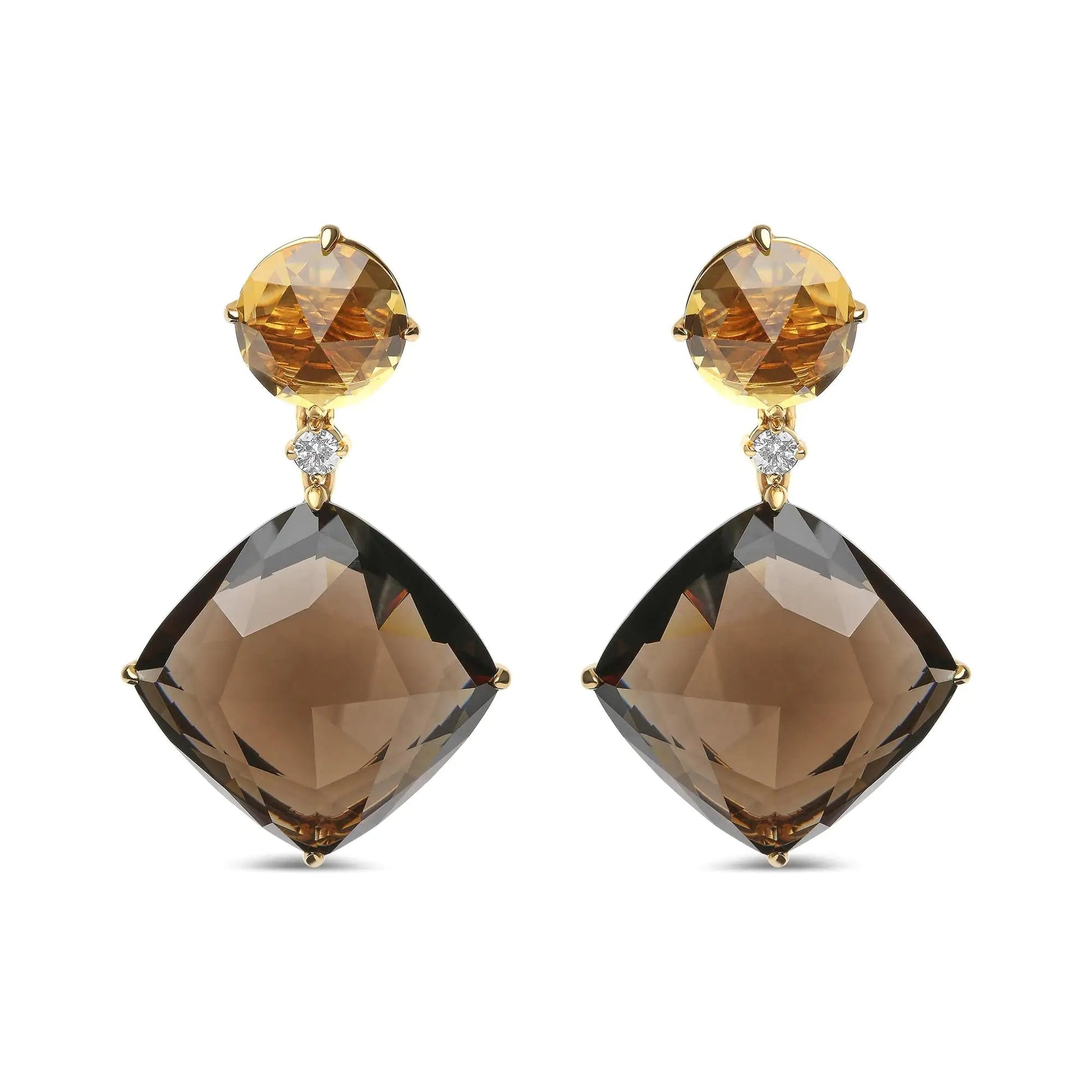 18K Yellow Gold 1/5 Cttw Diamond with Round Yellow Citrine and 25mm Cushion Cut Smoky Quartz Gemstone Dangle Earring (G-H Color, SI1-SI2 Clarity) WEM Support (www.WEM.support)