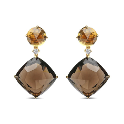 18K Yellow Gold 1/5 Cttw Diamond with Round Yellow Citrine and 25mm Cushion Cut Smoky Quartz Gemstone Dangle Earring (G-H Color, SI1-SI2 Clarity) WEM Support (www.WEM.support)