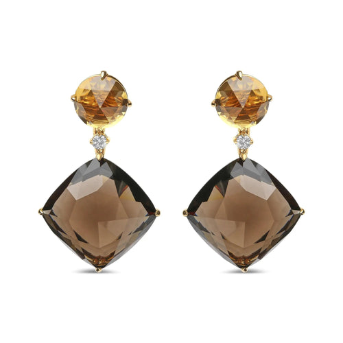 18K Yellow Gold 1/5 Cttw Diamond with Round Yellow Citrine and 25mm Cushion Cut Smoky Quartz Gemstone Dangle Earring (G-H Color, SI1-SI2 Clarity) WEM Support (www.WEM.support)