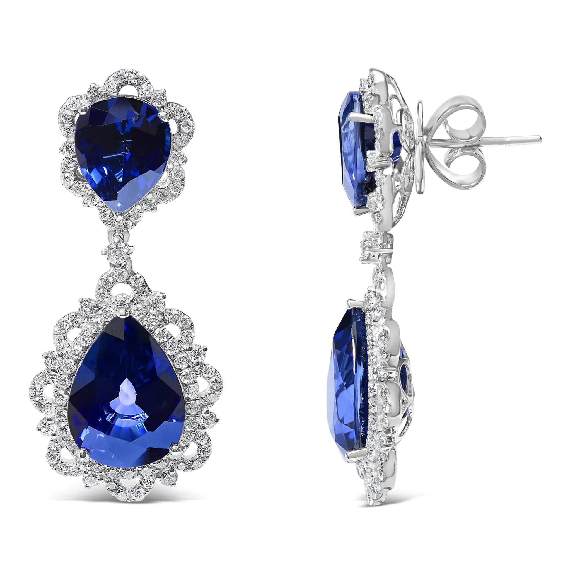 18K White Gold Blue Sapphire and Diamond 2.00 Cttw Diamond Halo Drop and Dangle Earring (G-H Color, SI1-SI2 Clarity) WEM Support (www.WEM.support)