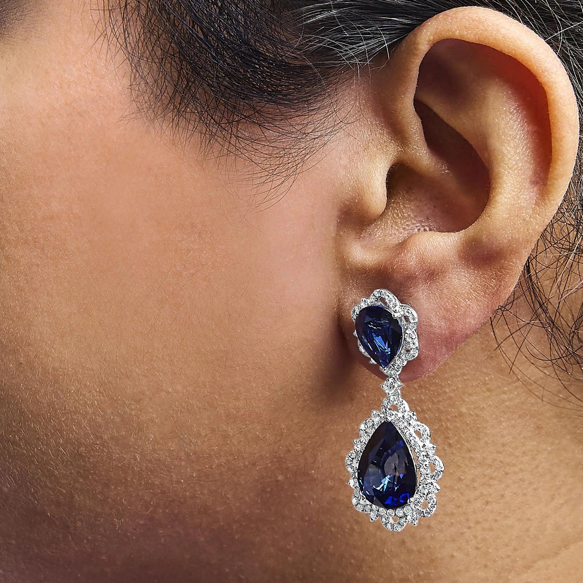 18K White Gold Blue Sapphire and Diamond 2.00 Cttw Diamond Halo Drop and Dangle Earring (G-H Color, SI1-SI2 Clarity) WEM Support (www.WEM.support)