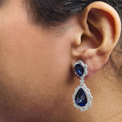 18K White Gold Blue Sapphire and Diamond 2.00 Cttw Diamond Halo Drop and Dangle Earring (G-H Color, SI1-SI2 Clarity) WEM Support (www.WEM.support)