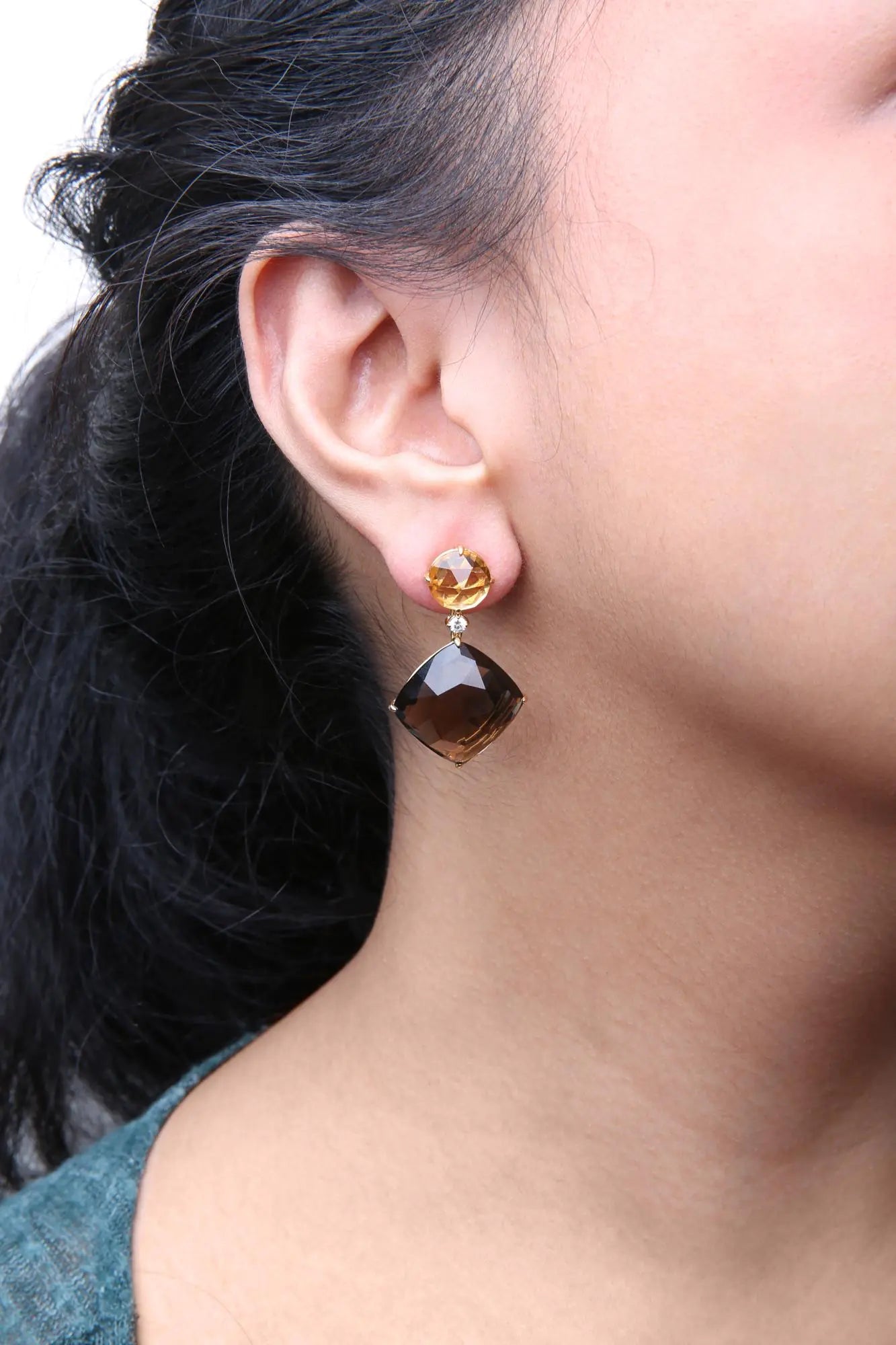 18K Yellow Gold 1/5 Cttw Diamond with Round Yellow Citrine and 25mm Cushion Cut Smoky Quartz Gemstone Dangle Earring (G-H Color, SI1-SI2 Clarity) WEM Support (www.WEM.support)