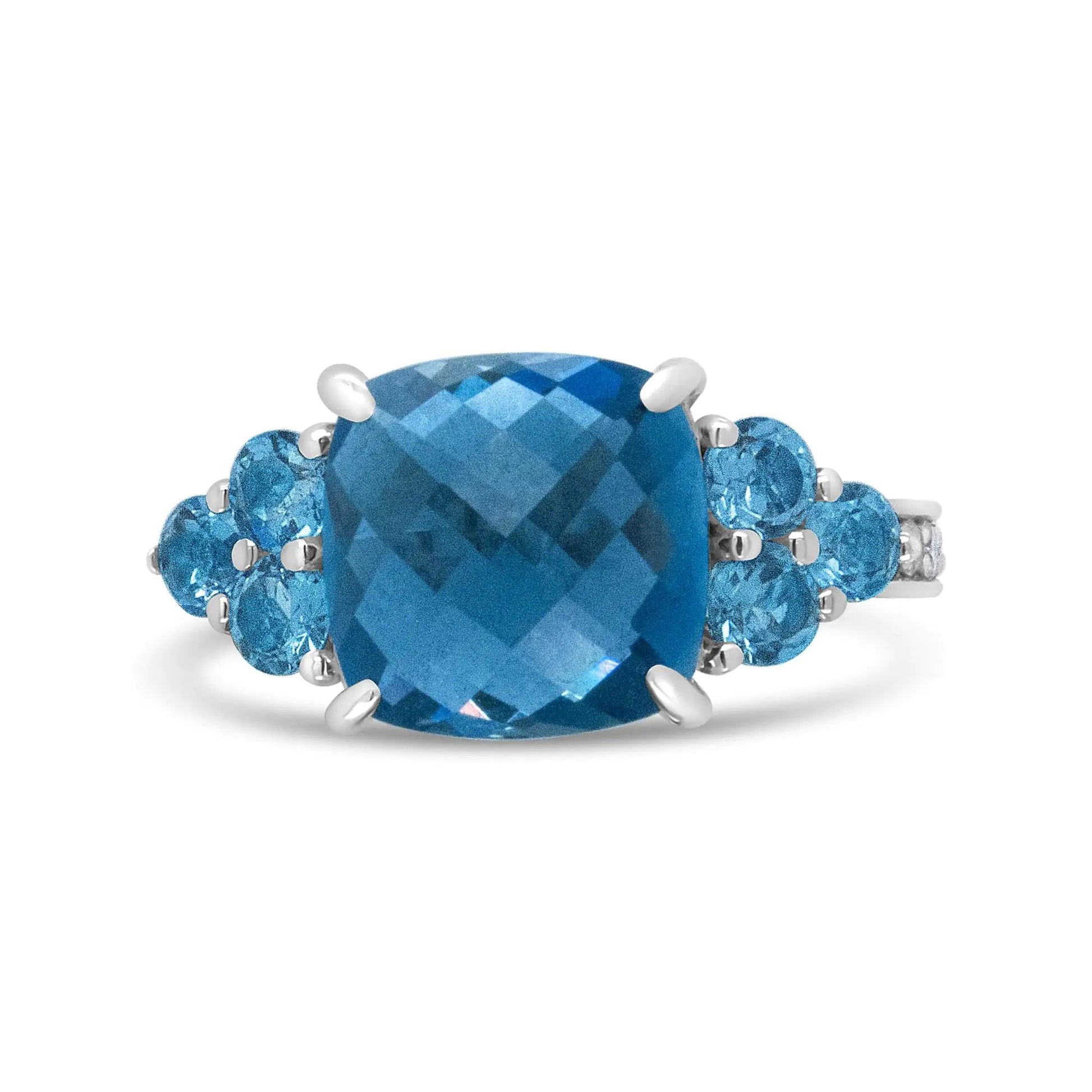 18K White Gold 10mm Cushion Shaped Blue Topaz and 1/6 Cttw Diamond 3 Stone Style Ring (F-G Color, VS1-VS2 Clarity) WEM Support (www.WEM.support)