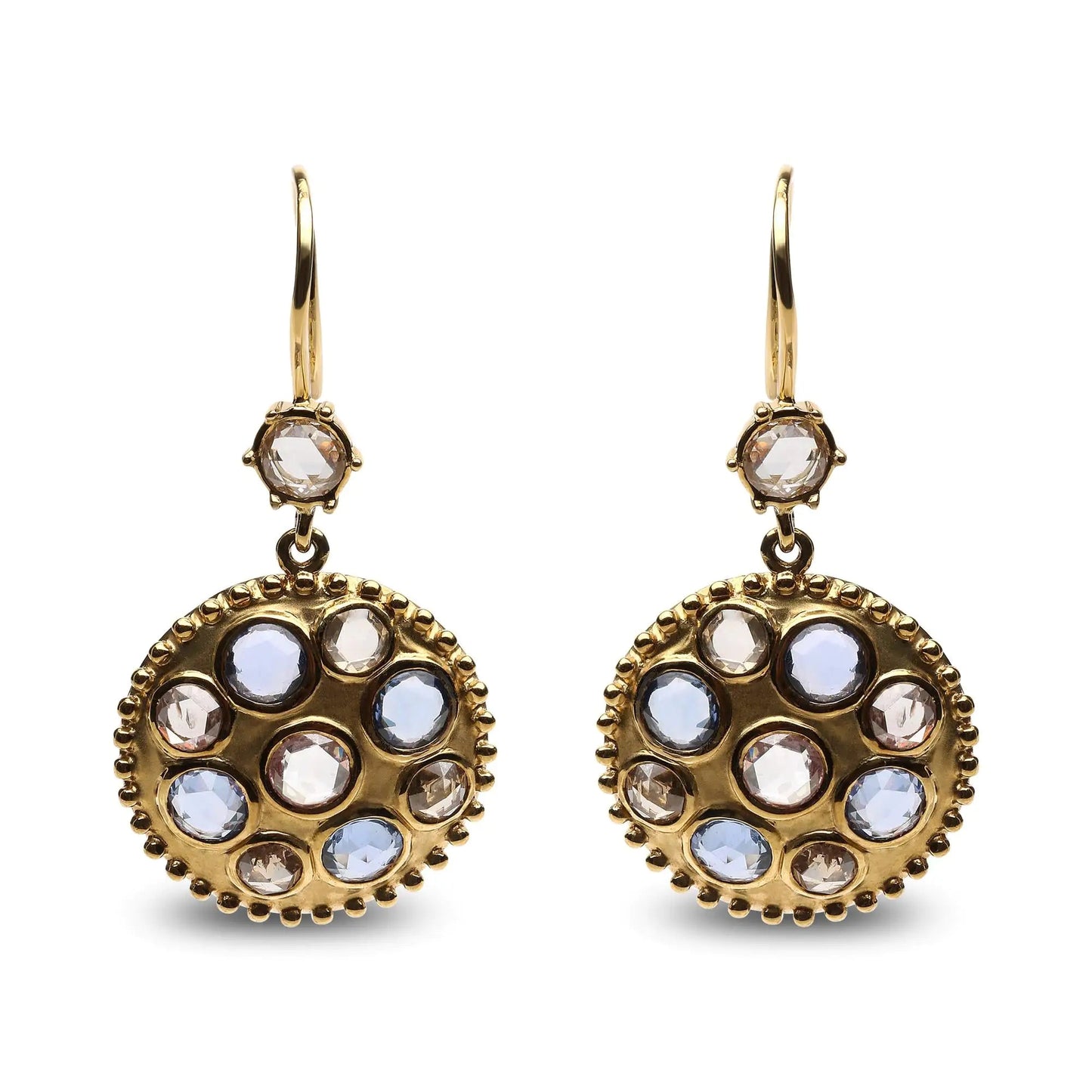 18K Yellow Gold 1 2/3 Cttw Diamond and Blue Sapphire Bezel Set Gemstone Cluster Medallion Dangle Earrings (Brown and G-H Color, SI1-SI2 Clarity) WEM Support (www.WEM.support)