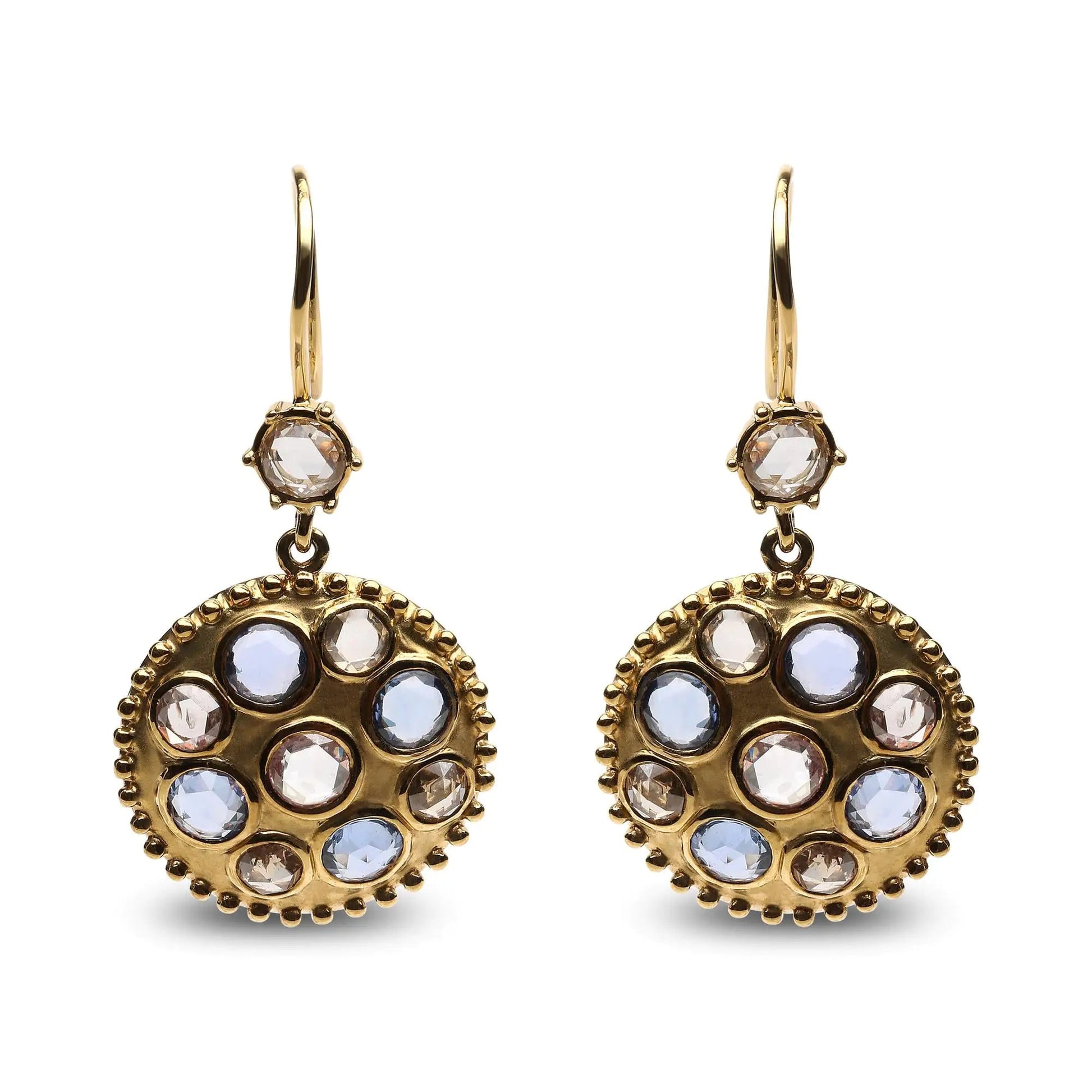 18K Yellow Gold 1 2/3 Cttw Diamond and Blue Sapphire Bezel Set Gemstone Cluster Medallion Dangle Earrings (Brown and G-H Color, SI1-SI2 Clarity) WEM Support (www.WEM.support)