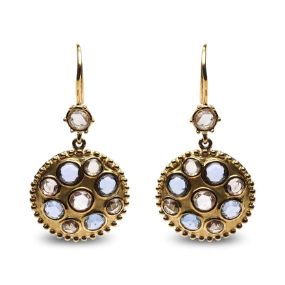 18K Yellow Gold 1 2/3 Cttw Diamond and Blue Sapphire Bezel Set Gemstone Cluster Medallion Dangle Earrings (Brown and G-H Color, SI1-SI2 Clarity) WEM Support (www.WEM.support)