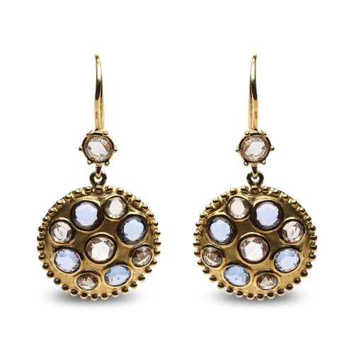 18K Yellow Gold 1 2/3 Cttw Diamond and Blue Sapphire Bezel Set Gemstone Cluster Medallion Dangle Earrings (Brown and G-H Color, SI1-SI2 Clarity) WEM Support (www.WEM.support)