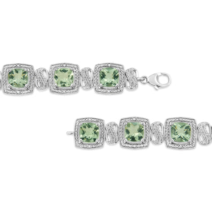 .925 Sterling Silver 7x7 mm Cushion Cut Green Amethyst and 1/10 cttw Single Cut Diamond Square Shape Tennis Bracelet (I-J Color, I1-I2 Clarity) - 7" WEM Support (www.WEM.support)