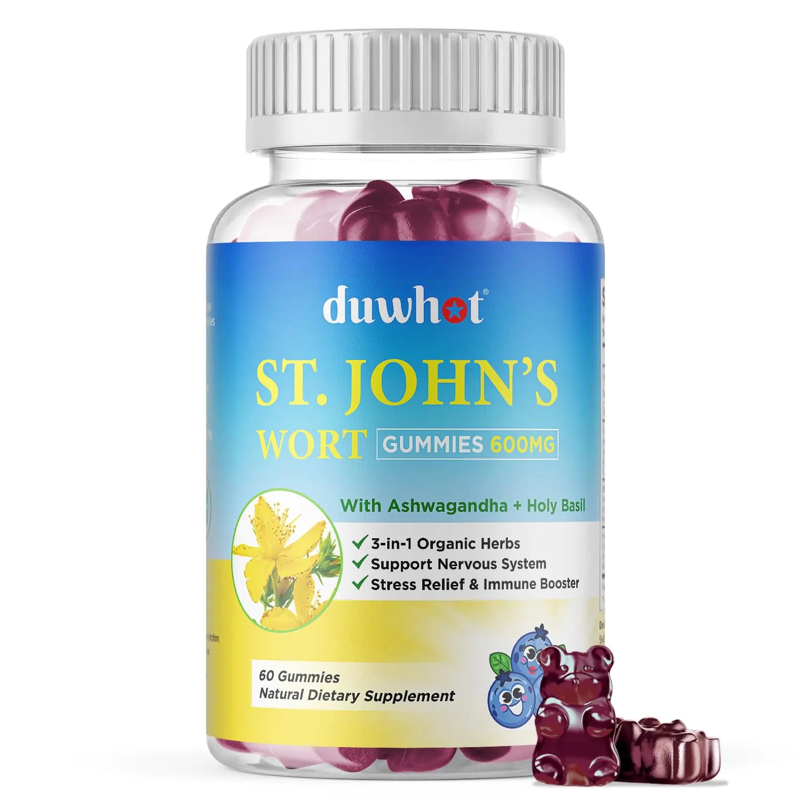 A bottle of Duwhot St. John's Wort Gummies with a few gummy supplements visible in front, indicating the product is a dietary supplement for stress relief and immune support.
