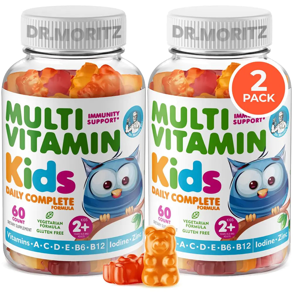 Two bottles of Dr. Moritz multivitamin gummies for kids with a 2-pack label, featuring an illustration of a smiling owl and the vitamins A, C, D, E, B6, B12, Zinc, Folic Acid, and Biotin.