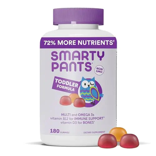 Smarty Pants toddler multivitamin gummies bottle with purple cap on a white background