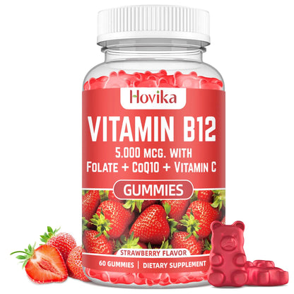 Bottle of Hovika Vitamin B12 gummies with strawberry flavor on a white background