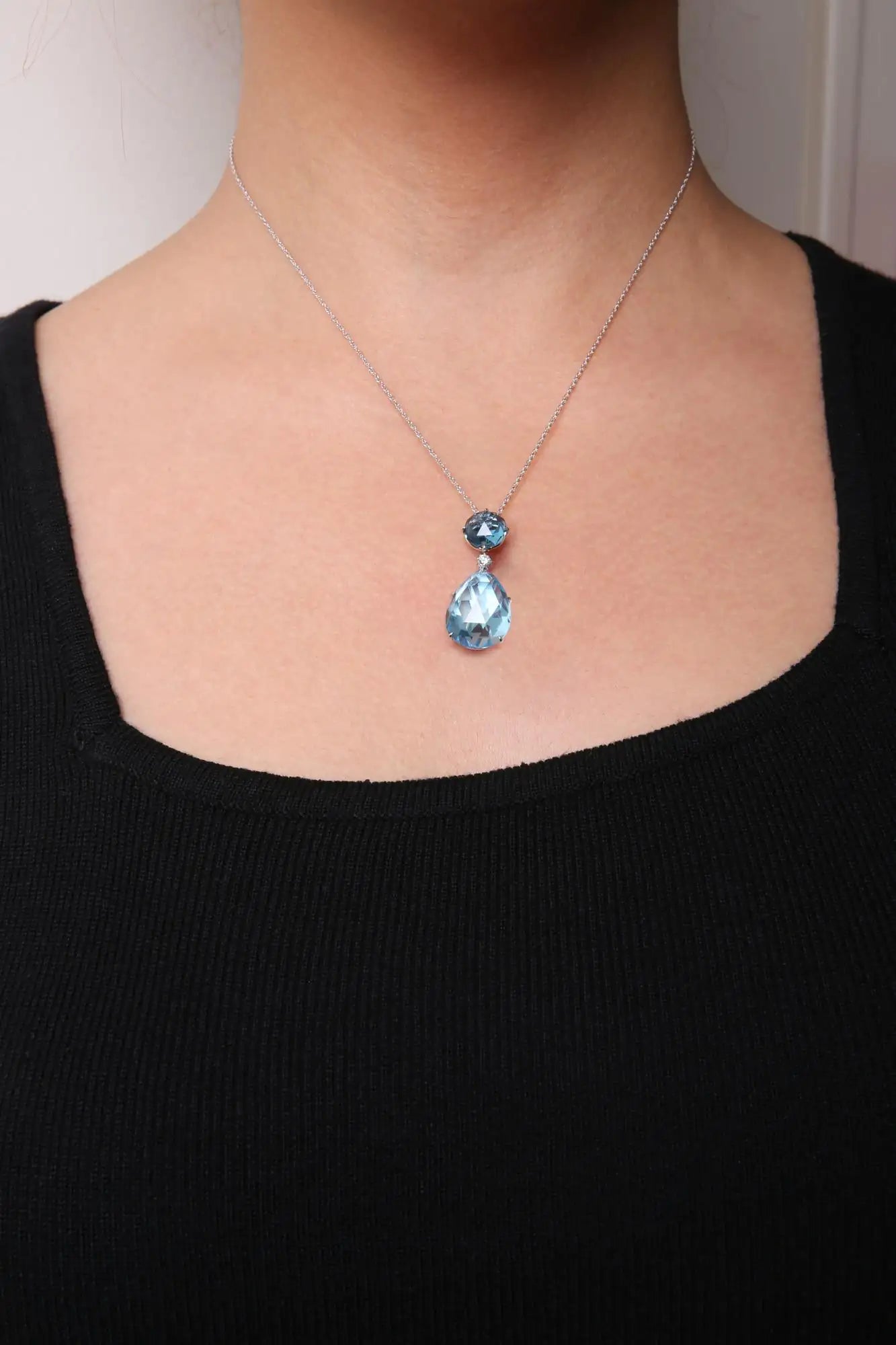 18K White Gold Diamond Accent and Round London Blue Topaz and Pear Cut Sky Blue Topaz Dangle Drop 18" Pendant Necklace (G-H Color, SI1-SI2 Clarity) WEM Support (www.WEM.support)