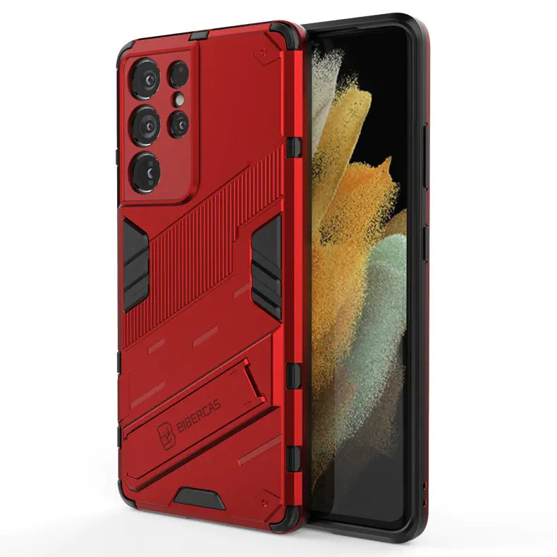 A red protective phone case for Samsung Galaxy with a bracket stand, featuring a camouflage pattern and multiple protective angles.