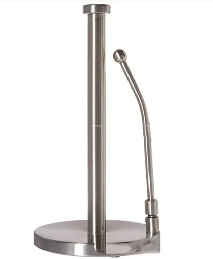 A silver vertical tissue holder designed to stand on a countertop, with a roll of tissue paper partiallyUnrolled.