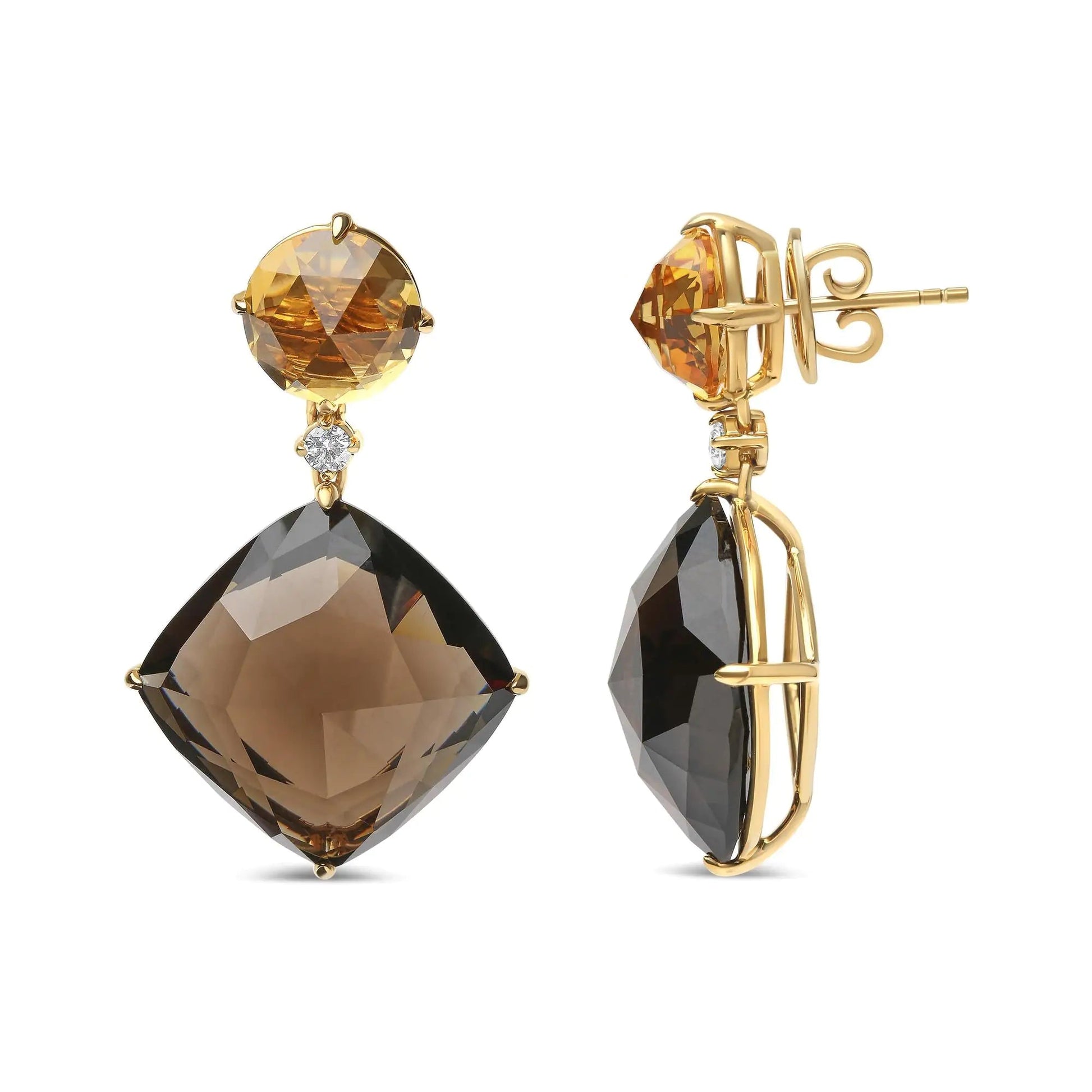 18K Yellow Gold 1/5 Cttw Diamond with Round Yellow Citrine and 25mm Cushion Cut Smoky Quartz Gemstone Dangle Earring (G-H Color, SI1-SI2 Clarity) WEM Support (www.WEM.support)