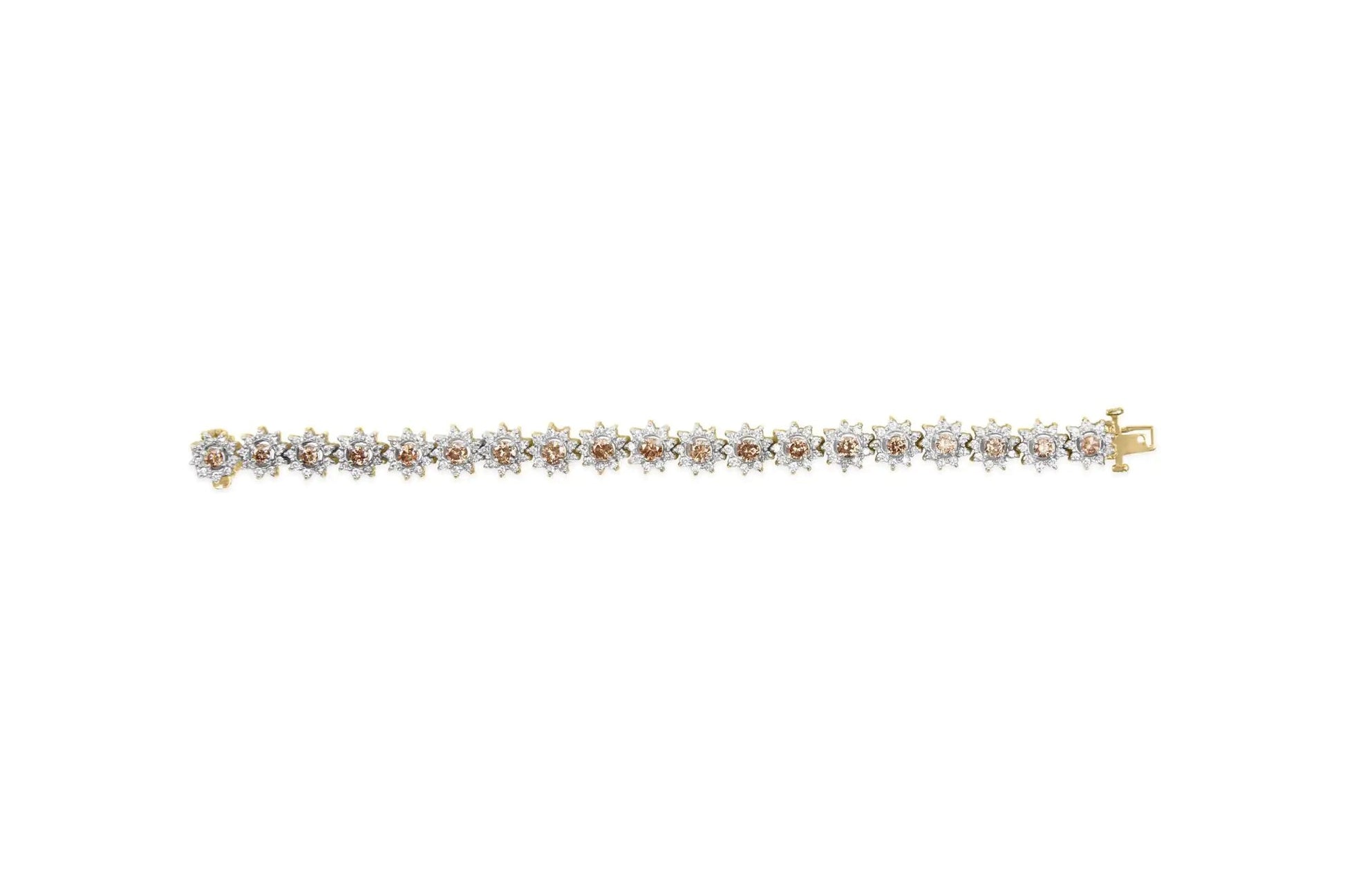 14K Yellow Gold 8.00 Cttw Champagne Diamond Floral Cluster Halo Link Bracelet (H-I Color, I1-I2 Clarity) WEM Support (www.WEM.support)