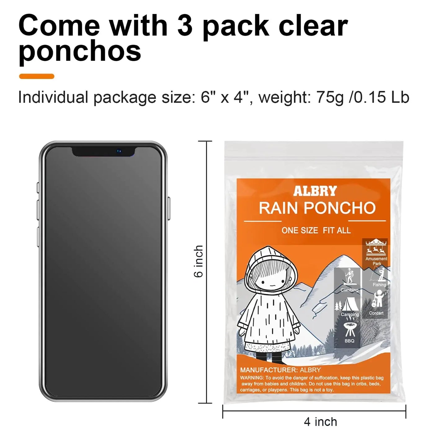 ALBRY Disposable Rain Ponchos for Adults with Drawstring Hood - Emergency Rain Ponchos Family Pack for Women and Men,Clear One Size 3 Pack My Store