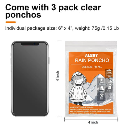 ALBRY Disposable Rain Ponchos for Adults with Drawstring Hood - Emergency Rain Ponchos Family Pack for Women and Men,Clear One Size 3 Pack My Store