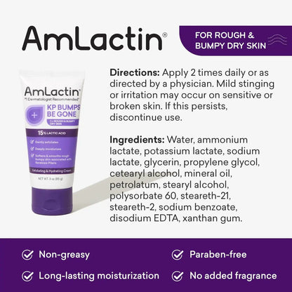 AmLactin KP Bumps Be Gone - 3 oz Keratosis Pilaris Moisturizing Cream with 15% Lactic Acid - Exfoliator and Moisturizer for Dry, Rough and Bumpy Skin, Pack of 2 (Packaging May Vary) 3 Ounce (Pack of 2) My Store