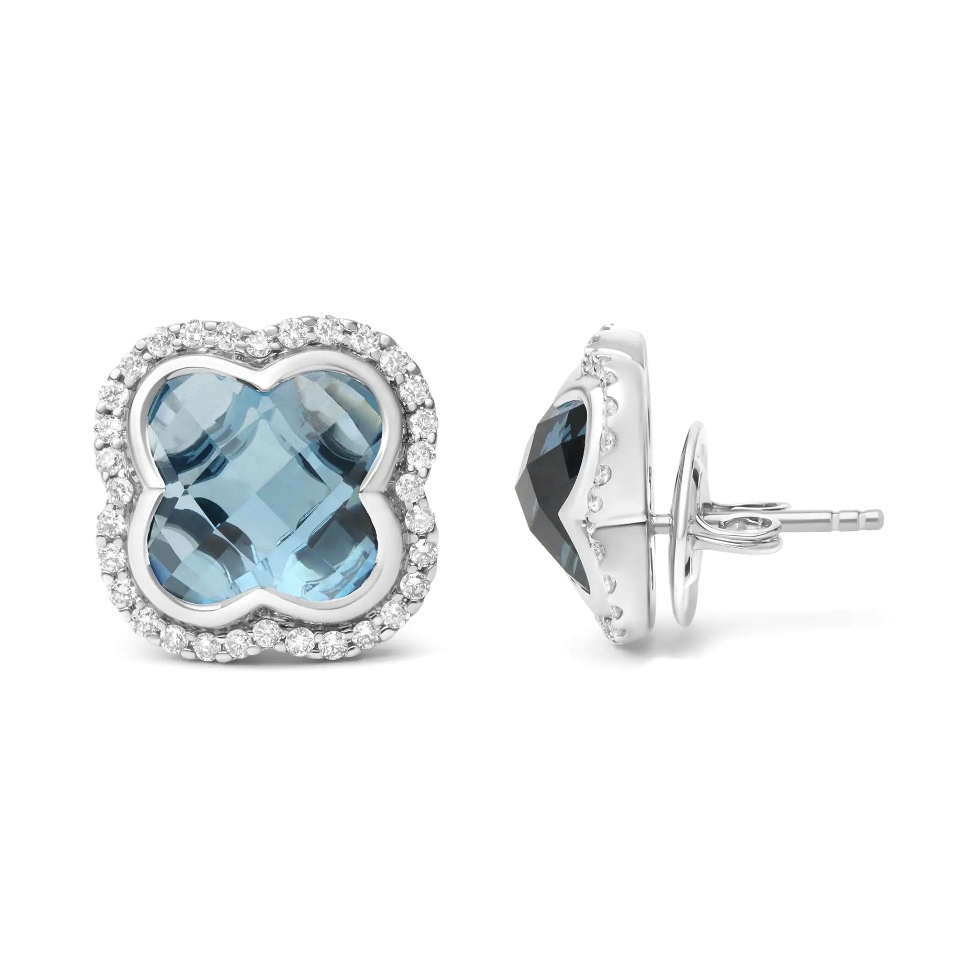 18K White Gold 3/8 Cttw Diamond and 11x11mm Clover-Cut London Blue Topaz Gemstone Halo Clover Stud Earrings (G-H Color, SI1-SI2 Clarity) WEM Support (www.WEM.support)