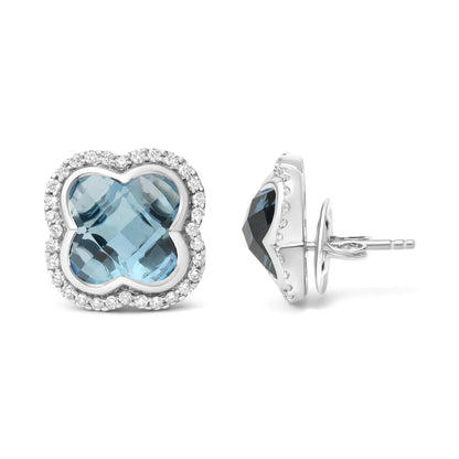 18K White Gold 3/8 Cttw Diamond and 11x11mm Clover-Cut London Blue Topaz Gemstone Halo Clover Stud Earrings (G-H Color, SI1-SI2 Clarity) WEM Support (www.WEM.support)
