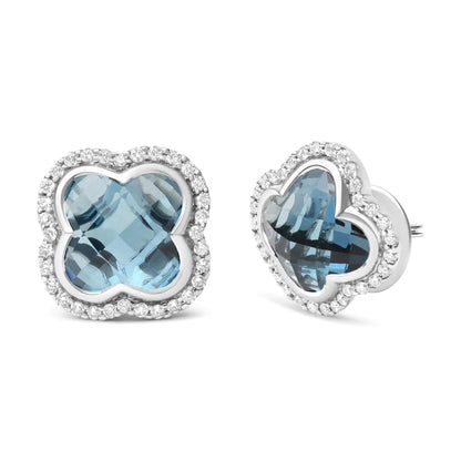 18K White Gold 3/8 Cttw Diamond and 11x11mm Clover-Cut London Blue Topaz Gemstone Halo Clover Stud Earrings (G-H Color, SI1-SI2 Clarity) WEM Support (www.WEM.support)