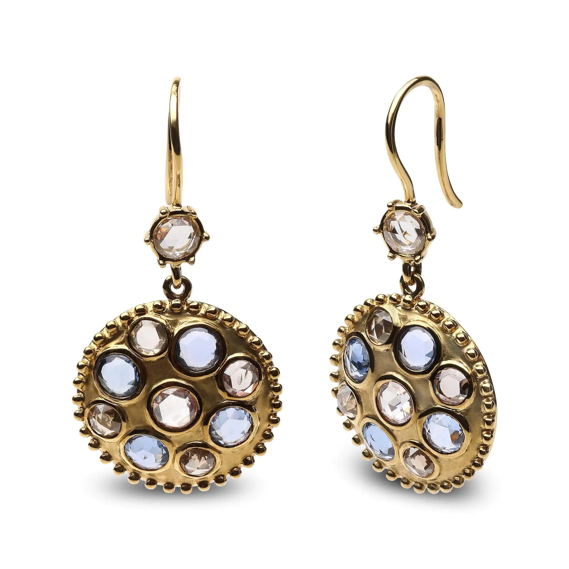 18K Yellow Gold 1 2/3 Cttw Diamond and Blue Sapphire Bezel Set Gemstone Cluster Medallion Dangle Earrings (Brown and G-H Color, SI1-SI2 Clarity) WEM Support (www.WEM.support)