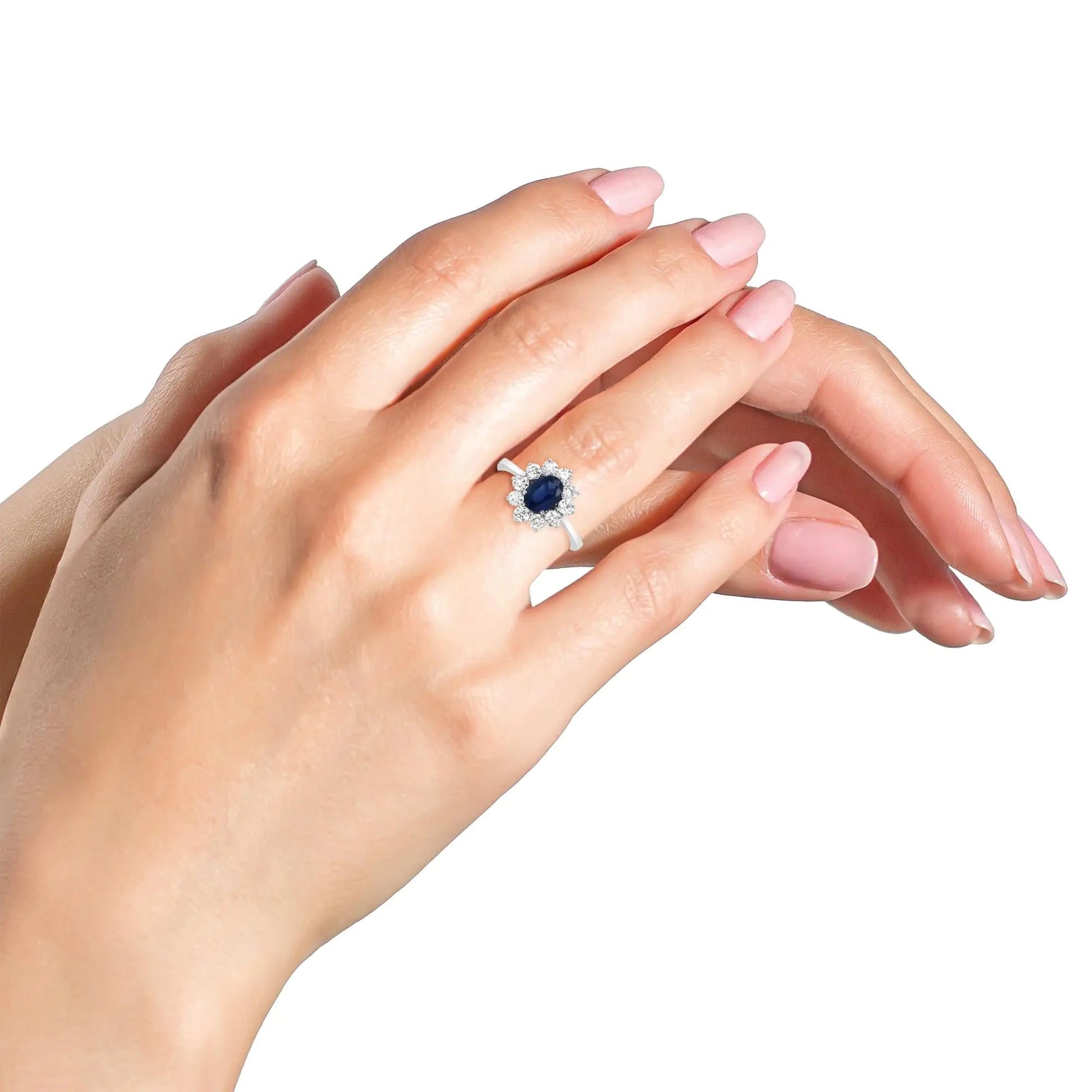 18K White Gold 7x5 mm Oval Cut Blue Sapphire and Round Diamond 3/4 Cttw Sunburst Halo Ring (F-G Color, VS1-VS2 Clarity) WEM Support (www.WEM.support)
