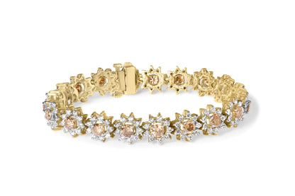 14K Yellow Gold 8.00 Cttw Champagne Diamond Floral Cluster Halo Link Bracelet (H-I Color, I1-I2 Clarity) WEM Support (www.WEM.support)