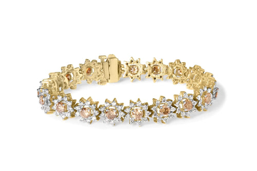 14K Yellow Gold 8.00 Cttw Champagne Diamond Floral Cluster Halo Link Bracelet (H-I Color, I1-I2 Clarity) WEM Support (www.WEM.support)