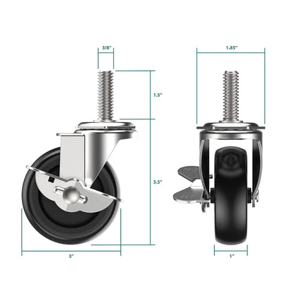 4x 3 Inch Rubber Casters Heavy Duty Safety Brake Wheels For Wire Shelving Rack WEM Support (www.WEM.support)
