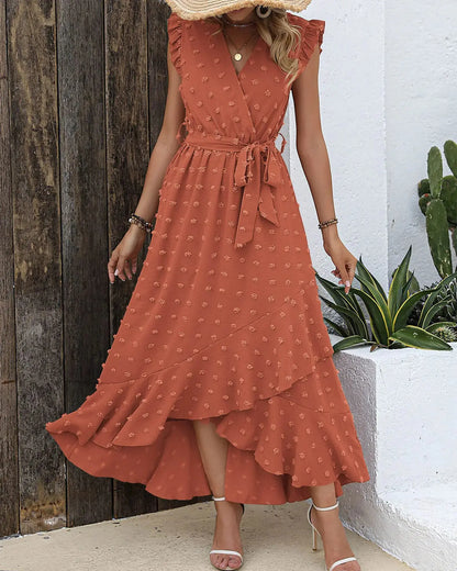 BTFBM Women 2024 Summer V Neck Dress Cap Sleeve Swiss Dot Boho Ruffle Slit Beach Cocktail Party Flowy Long Maxi Dresses Medium Swiss Dot Orange Red My Store