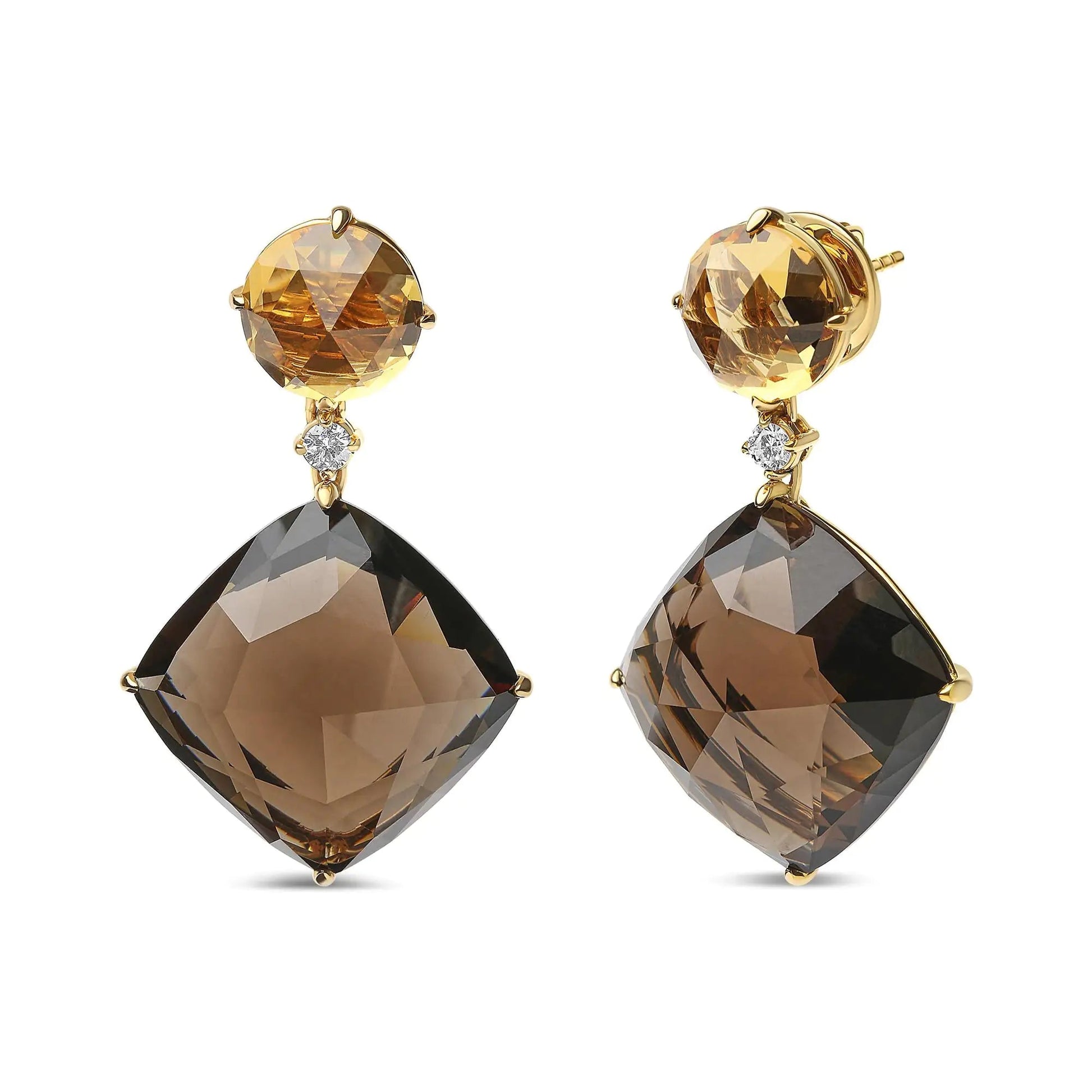18K Yellow Gold 1/5 Cttw Diamond with Round Yellow Citrine and 25mm Cushion Cut Smoky Quartz Gemstone Dangle Earring (G-H Color, SI1-SI2 Clarity) WEM Support (www.WEM.support)