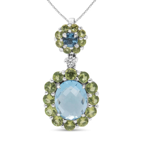 18k White Gold 0.05 Cttw Round Diamond and Blue Topaz and Green Peridot Gemstone Halo Drop 18" Pendant Necklace (F-G Color, VS1-VS2 Clarity) WEM Support (www.WEM.support)