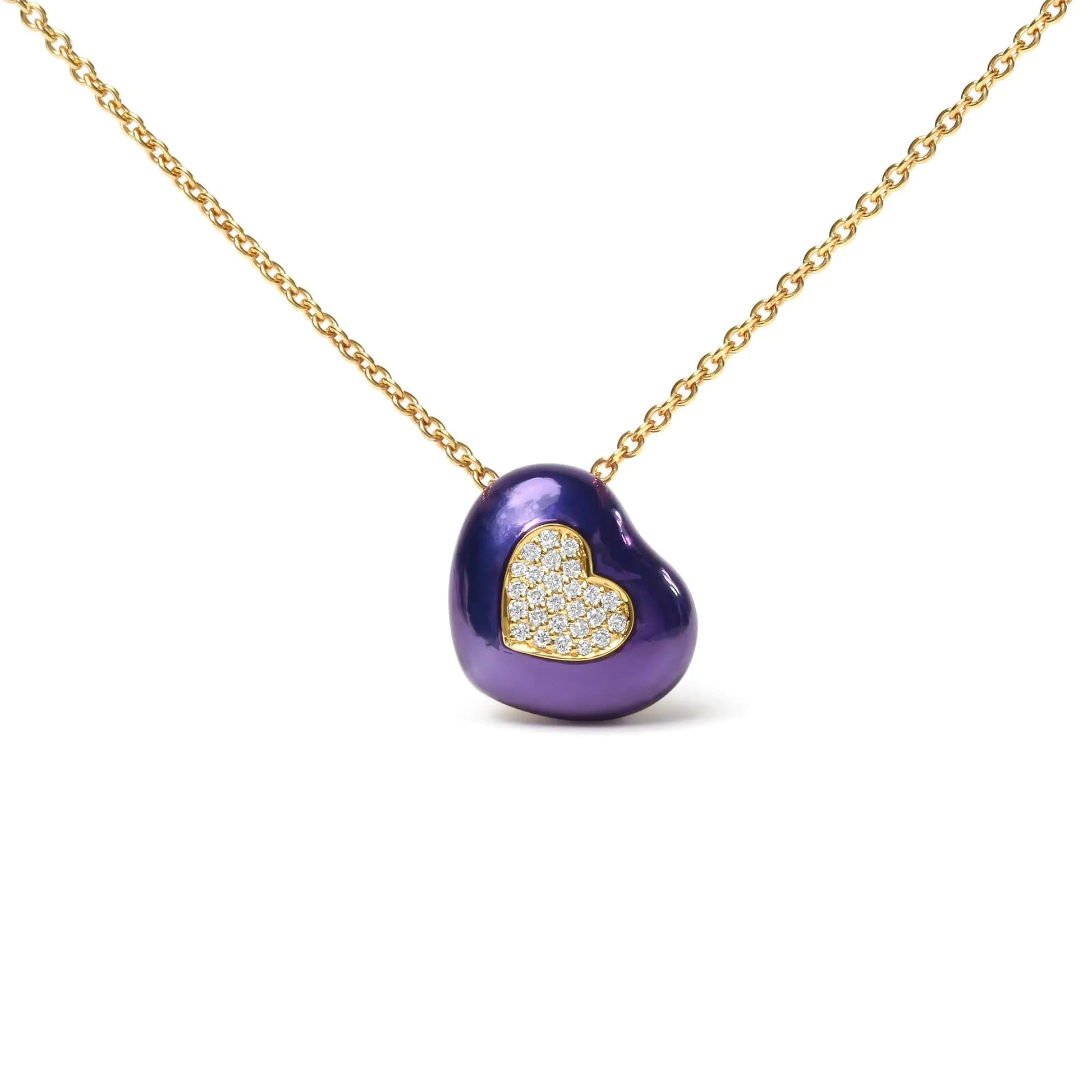 18K Yellow Gold Blue Enamel 1/10 Cttw Round Pave Diamonds Heart Shape 18" Pendant Necklace  (G-H Color, SI1-SI2 Clarity) - Adjustable up to 16" - 18" WEM Support (www.WEM.support)