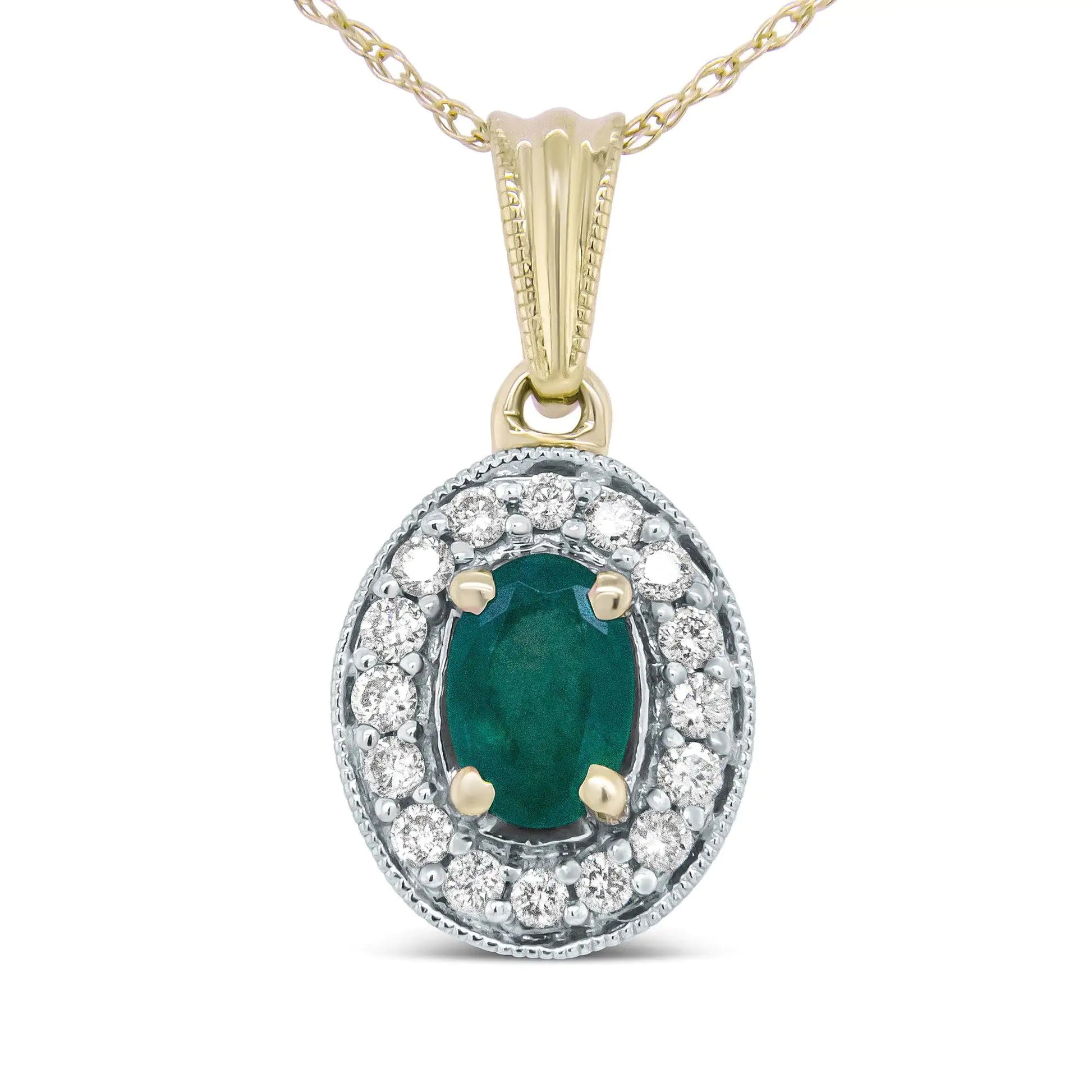 14K Yellow Gold 6x4mm Emerald and 1/5 Cttw Round Diamond Halo Pendant 18" Necklace - (H-I Color, SI1-SI2 Clarity) WEM Support (www.WEM.support)